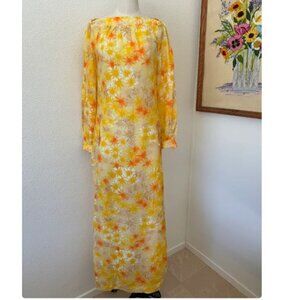 Vintage 60s Hostess Abstract Watercolor Floral Maxi Dress Boat Neckline